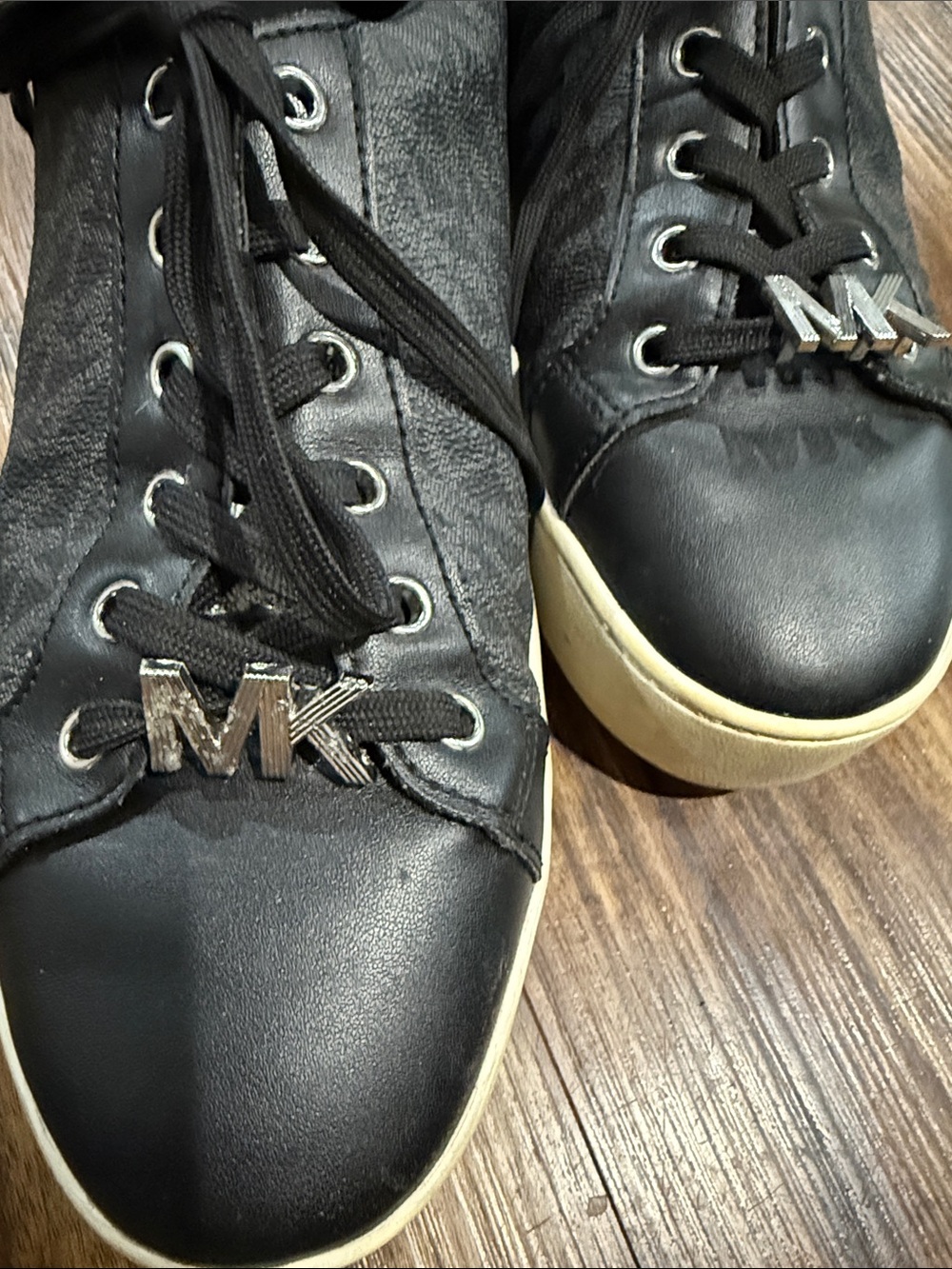 Michael Kors Black Leather & Monogram Logo Lace-Up Sneakers - Picture 2 of 6